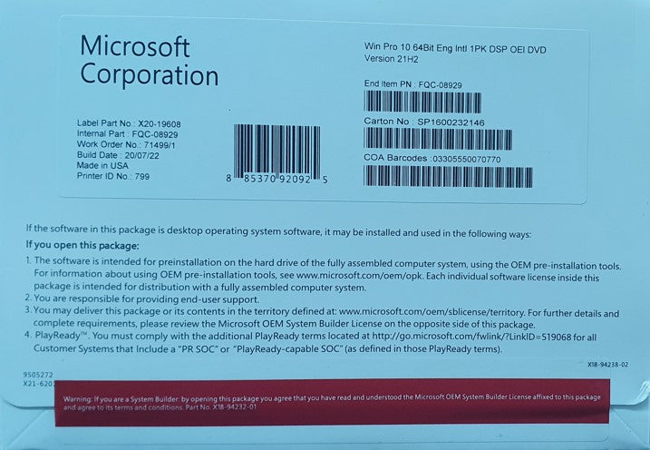 Microsoft® Windows 10 Professional OEM 32/64-bit English DVD