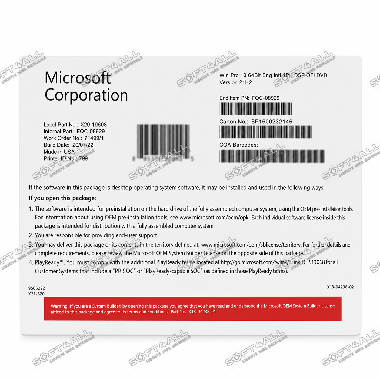 MICROSOFT Windows 10 Pro, 64 bit, Engleza, OEM