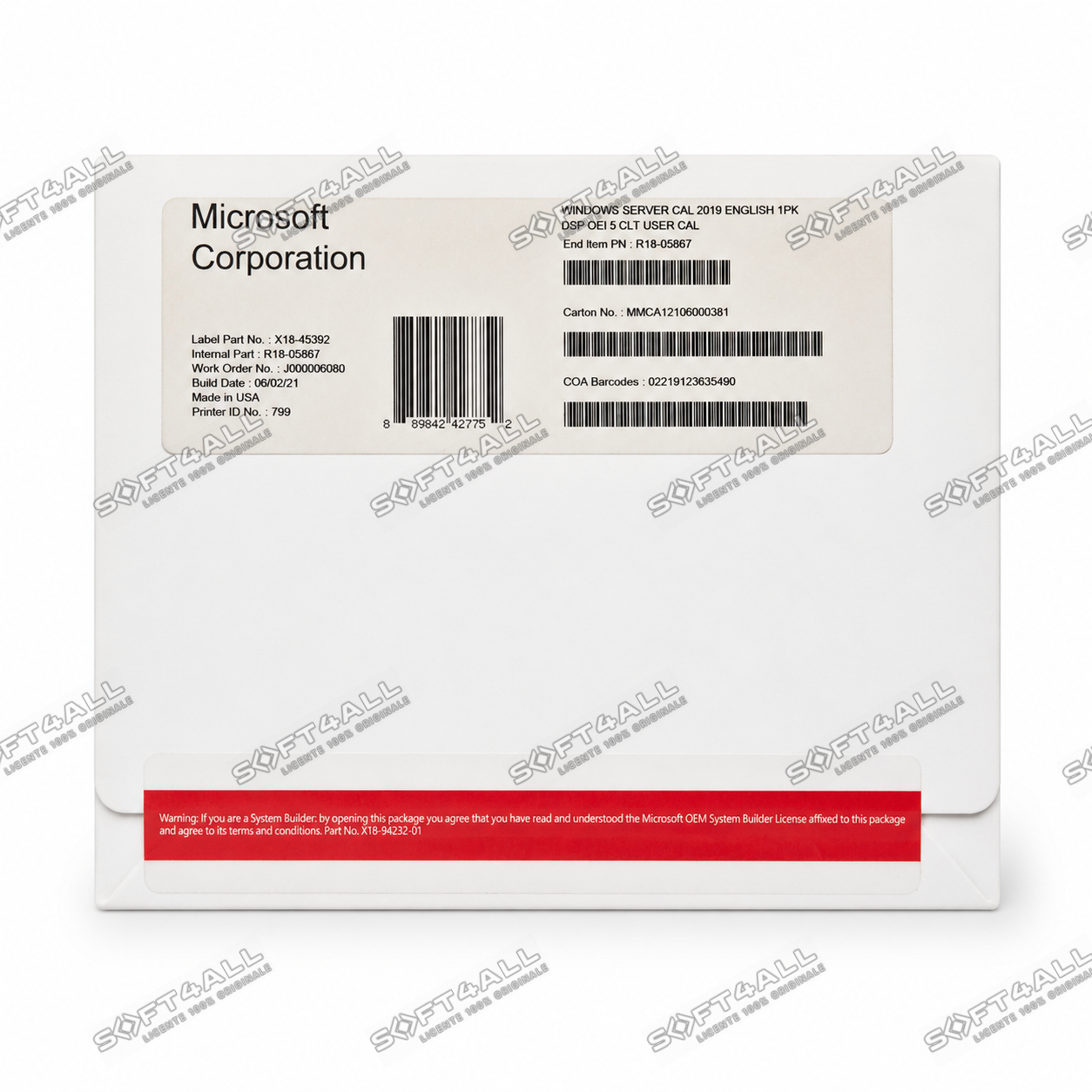 MICROSOFT Windows Server 2019, CAL 1Pack DSP OEI 5 Clt User